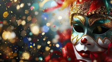 ai generato colorato carnevale masquerade parata maschera su sfocato buio blu sfondo con bokeh luci. copia spazio. per veneziano costume Festival celebrazione, invito, promozione. foto