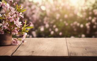 ai generato vuoto di legno tavolo, Schermo con primavera natura tema sfondo. bellissimo fioritura ciliegia rami. copia spazio per Prodotto presentazione, vetrina. foto