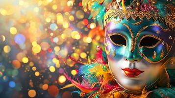ai generato colorato carnevale masquerade parata maschera su sfocato buio blu sfondo con bokeh luci. copia spazio. per veneziano costume Festival celebrazione, invito, promozione. foto