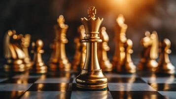 ai generato d'oro re scacchi In piedi nel davanti di altri scacchi pezzi. comando attività commerciale lavoro di squadra e marketing strategia piallatura concetto. foto