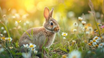 ai generato coniglio nel il prato con fiori, superficiale profondità di campo foto