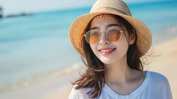 ai generato ritratto bellissimo giovane asiatico donna rilassare Sorridi tempo libero in giro spiaggia mare oceano nel viaggio vacanza foto