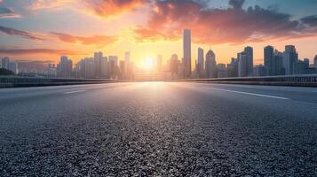 ai generato vuoto asfalto strada e moderno città orizzonte con edificio scenario a tramonto. alto angolo Visualizza. foto