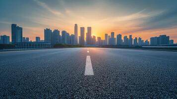 ai generato vuoto asfalto strada e moderno città orizzonte con edificio scenario a tramonto. alto angolo Visualizza. foto