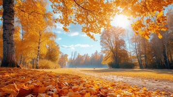 ai generato autunno scena. luminosa colorato paesaggio giallo alberi nel autunno parco. autunno natura. foto