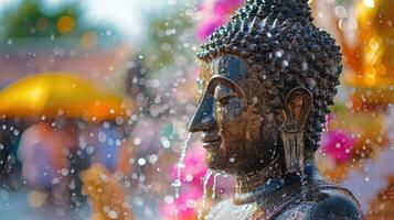 ai generato Budda statua acqua cerimonia nel Songkran Festival foto