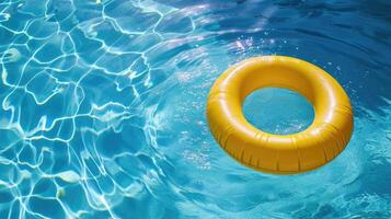 ai generato giallo piscina galleggiante, squillare galleggiante nel un' rinfrescante blu nuoto piscina foto