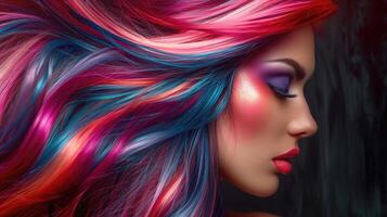 ai generato bellissimo donna con Multi colorato capelli e creativo rendere su e acconciatura. bellezza viso. foto