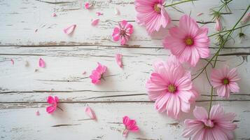 ai generato fiori composizione per San Valentino, La madre di o Da donna giorno. rosa fiori su vecchio bianca di legno sfondo. natura morta. foto