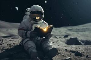 ai generato cosmico formazione scolastica astronauta gode un' libro in mezzo lunare solitudine foto