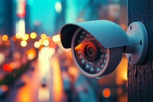 ai generato sicurezza sorveglianza cctv telecamera orologi al di sopra di con morbido bokeh illuminazione foto