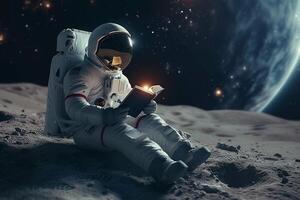 ai generato cosmico formazione scolastica astronauta gode un' libro in mezzo lunare solitudine foto