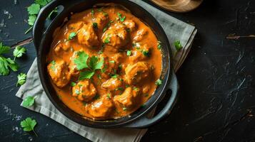 ai generato frittura padella con delizioso pollo tikka masala su tovagliolo foto