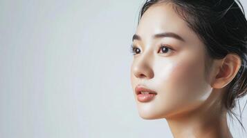 ai generato bellissimo giovane asiatico donna con salutare e Perfetto pelle su isolato bianca sfondo. facciale e pelle cura concetto per commerciale pubblicità. foto