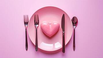 ai generato piatto nel forma di cuore, tavolo coltello e forchetta su rosa foto