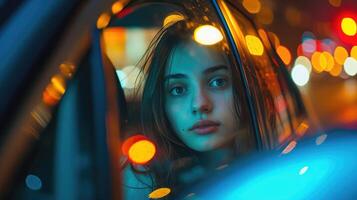 ai generato avvicinamento di un' giovane donna guardare attraverso un' auto finestra nel un' notte traffico marmellata. corsa ora foto