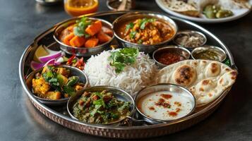 ai generato indiano piatto thali - indiano cibo impostato foto
