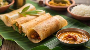 ai generato carta masala dosa è un' Sud indiano pasto servito con sambhar e Noce di cocco chutney al di sopra di fresco Banana foglia. selettivo messa a fuoco foto