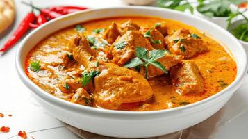 ai generato pollo korma isolato su bianca. indiano cucina carne curry piatto con Noce di cocco latte masala. asiatico cibo foto