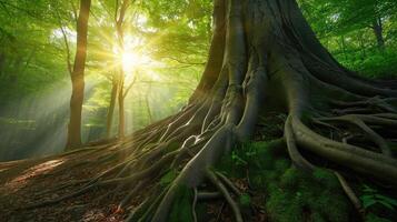 ai generato grande albero radici e raggio di sole nel un' verde foresta foto