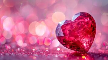 ai generato bellissimo lusso rosso cuore fatto di rubino pietra preziosa su un' rosa sfondo. ai generato. foto