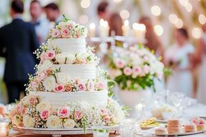 ai generato un' grande bellissimo nozze torta coperto nel frustato crema e decorato con delicato fiori. ai generato. foto