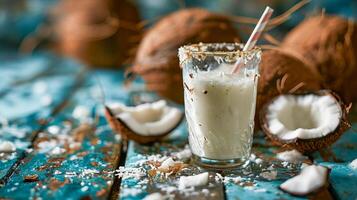 ai generato bicchiere con Noce di cocco latte su un' blu sfondo. ai generato. foto