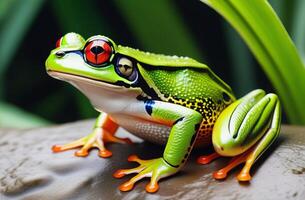 ai generato un' tropicale verde rana si siede su un' ramo di un' tropicale pianta. ai generato. foto