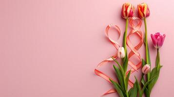 ai generato figura 8 fatto di nastro e tulipano fiori per internazionale Da donna giorno celebrazione su rosa sfondo con spazio per testo foto