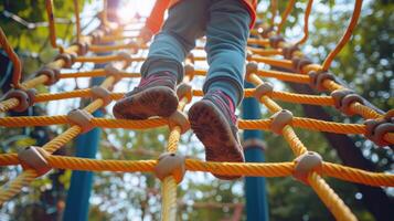 ai generato bambino si arrampica su un alpino griglia nel un' parco su un' terreno di gioco su un' caldo estate giorno. figli di terreno di gioco nel un' pubblico parco, divertimento e ricreazione per figli, alpinismo addestramento. foto