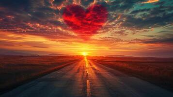 ai generato rosso cuore sagomato cielo a tramonto. bellissimo paesaggio con strada e nuvole.amore sfondo con copia spazio. strada per amore foto