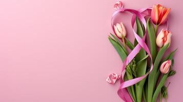 ai generato figura 8 fatto di nastro e tulipano fiori per internazionale Da donna giorno celebrazione su rosa sfondo con spazio per testo foto