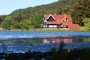 Casa su il riva di lago. riflessa su acqua. nazione lato, foresta, azienda agricola campo, lago con Casa. Bolu, Turchia foto