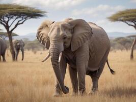 ai generato un maestoso vista si svolge come un africano elefante con grazia vaga il illuminata dal sole savana, circondato di il d'oro tonalità di il praterie. foto