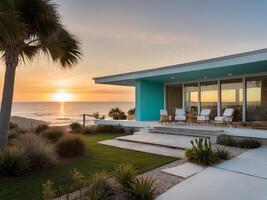 ai generato bianca e turchese medio secolo moderno stile spiaggia casa, interno, tramonto foto