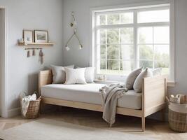 ai generato Esplorare il fascino di un' scandinavo ispirato daybed impostare di il finestra, combinando minimalista design e naturale luce. foto