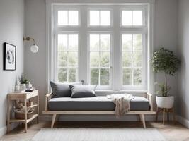 ai generato Esplorare il fascino di un' scandinavo ispirato daybed impostare di il finestra, combinando minimalista design e naturale luce. foto