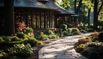 ai generato tranquillo scena di natura bellezza nel un' formale giardino generato di ai foto