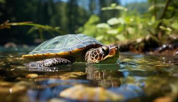 ai generato lento tartaruga striscia nel verde stagno, bellezza nel natura generato di ai foto