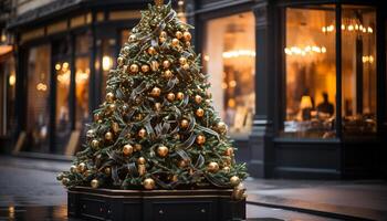 ai generato Natale albero decorazione raggiante nel il buio in casa generato di ai foto