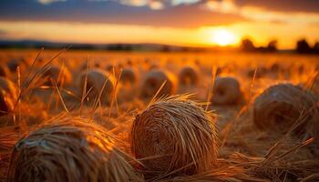 ai generato tramonto al di sopra di un' rurale azienda agricola, d'oro fieno balle generato di ai foto