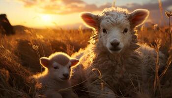 ai generato carino agnello guardare a telecamera nel azienda agricola prato generato di ai foto