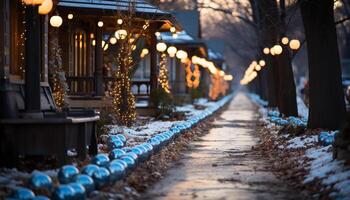 ai generato inverno notte, neve all'aperto, illuminato Natale albero generato di ai foto