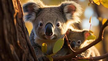 ai generato carino koala seduta su albero ramo, guardare a telecamera generato di ai foto