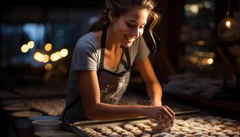 ai generato sorridente donna preparazione fatti in casa Impasto nel cucina generato di ai foto