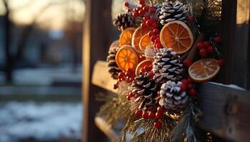 ai generato inverno celebrazione, Natale decorazione, albero, regalo, neve, tradizione generato di ai foto