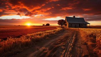 ai generato tranquillo tramonto al di sopra di rurale azienda agricola, natura bellezza generato di ai foto