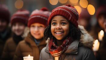 ai generato sorridente inverno felicità, allegro caldo capi di abbigliamento all'aperto generato di ai foto