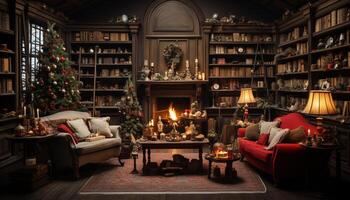 ai generato comodo, illuminato vivente camera con moderno Natale arredamento generato di ai foto