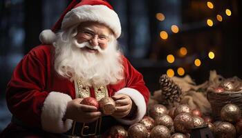 ai generato sorridente uomini hold regalo, festeggiare Natale tradizione generato di ai foto